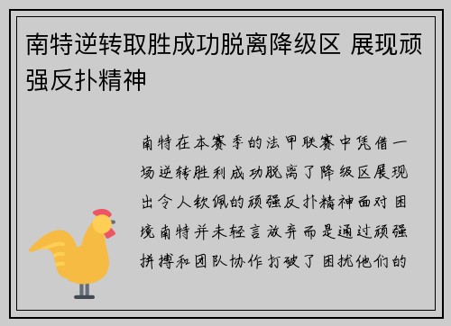 南特逆转取胜成功脱离降级区 展现顽强反扑精神
