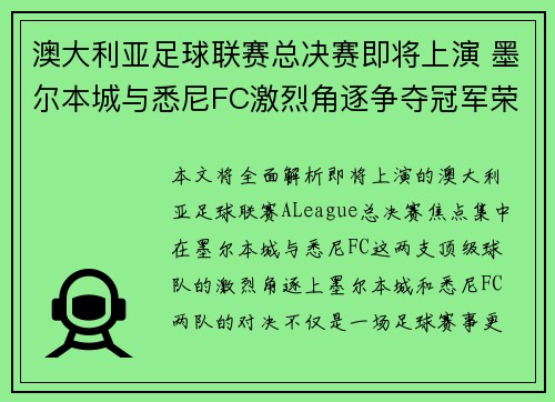 澳大利亚足球联赛总决赛即将上演 墨尔本城与悉尼FC激烈角逐争夺冠军荣耀