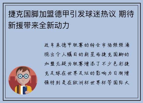捷克国脚加盟德甲引发球迷热议 期待新援带来全新动力