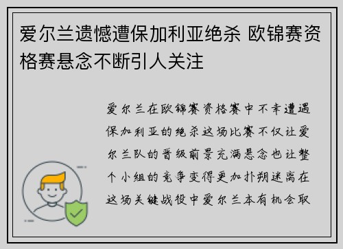 爱尔兰遗憾遭保加利亚绝杀 欧锦赛资格赛悬念不断引人关注