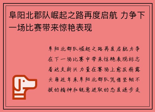 阜阳北郡队崛起之路再度启航 力争下一场比赛带来惊艳表现