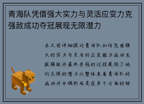 青海队凭借强大实力与灵活应变力克强敌成功夺冠展现无限潜力